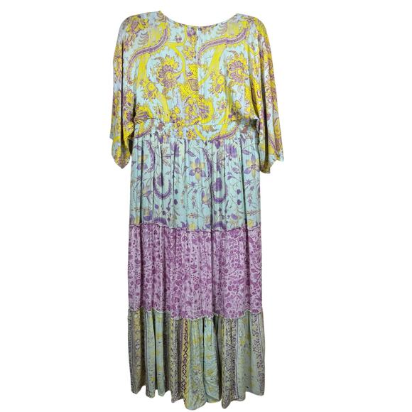 Hemant & Nandita Maxi Dress Women’s Size Medium Green Floral V-Neck Boho Style - Picture 8 of 15